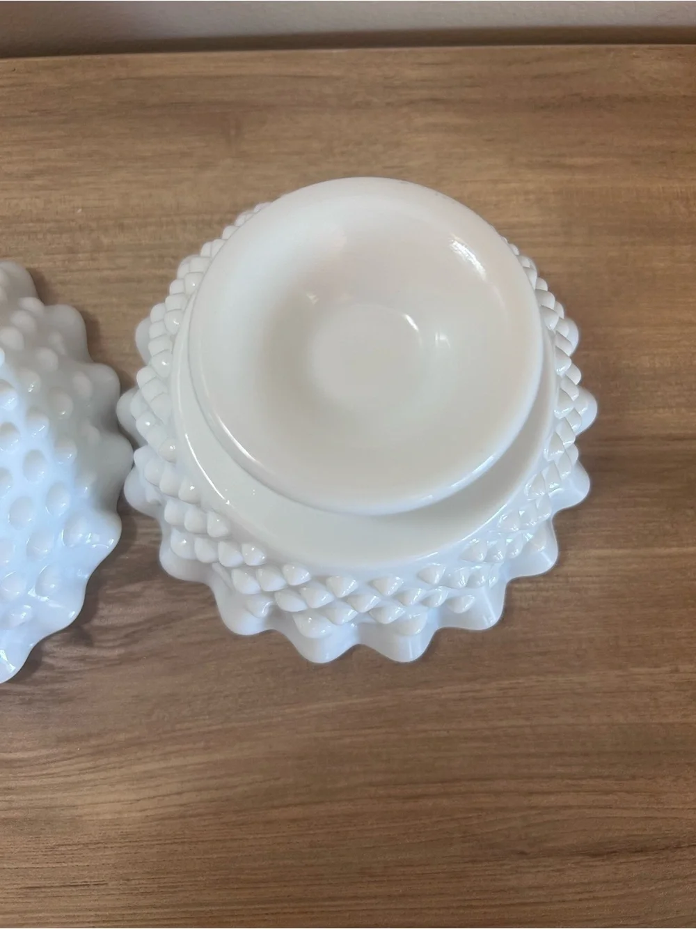Vintage White Hobnail Ruffled Milk Glass pair candle holders fenton?